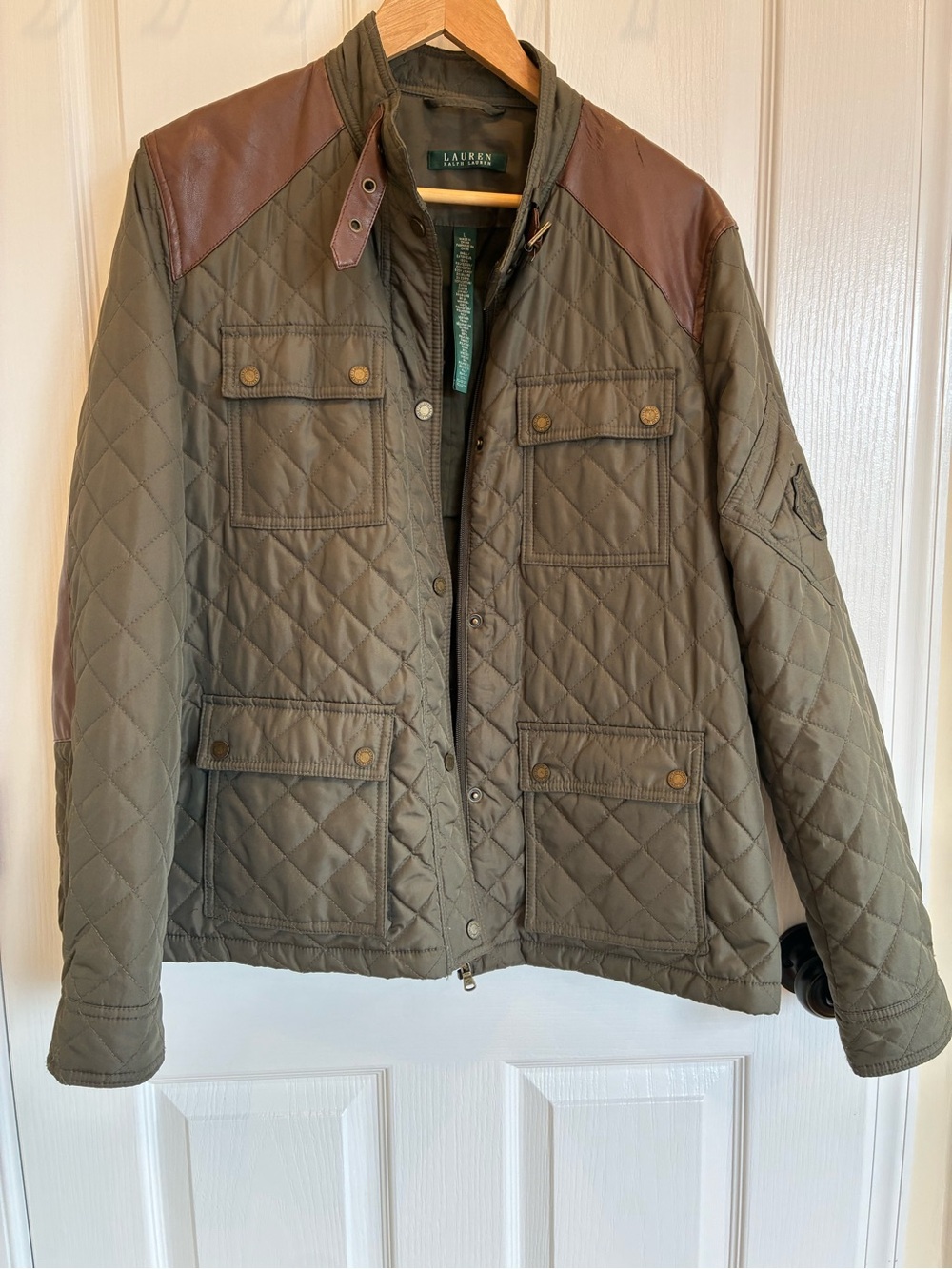 Lauren Ralph Lauren Quilted Equestrian Jacket Olive Brown Leather Trim Size L